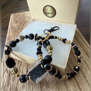 LuckyLu Bag Charm Beaded Stackable Bracelets Gold Black